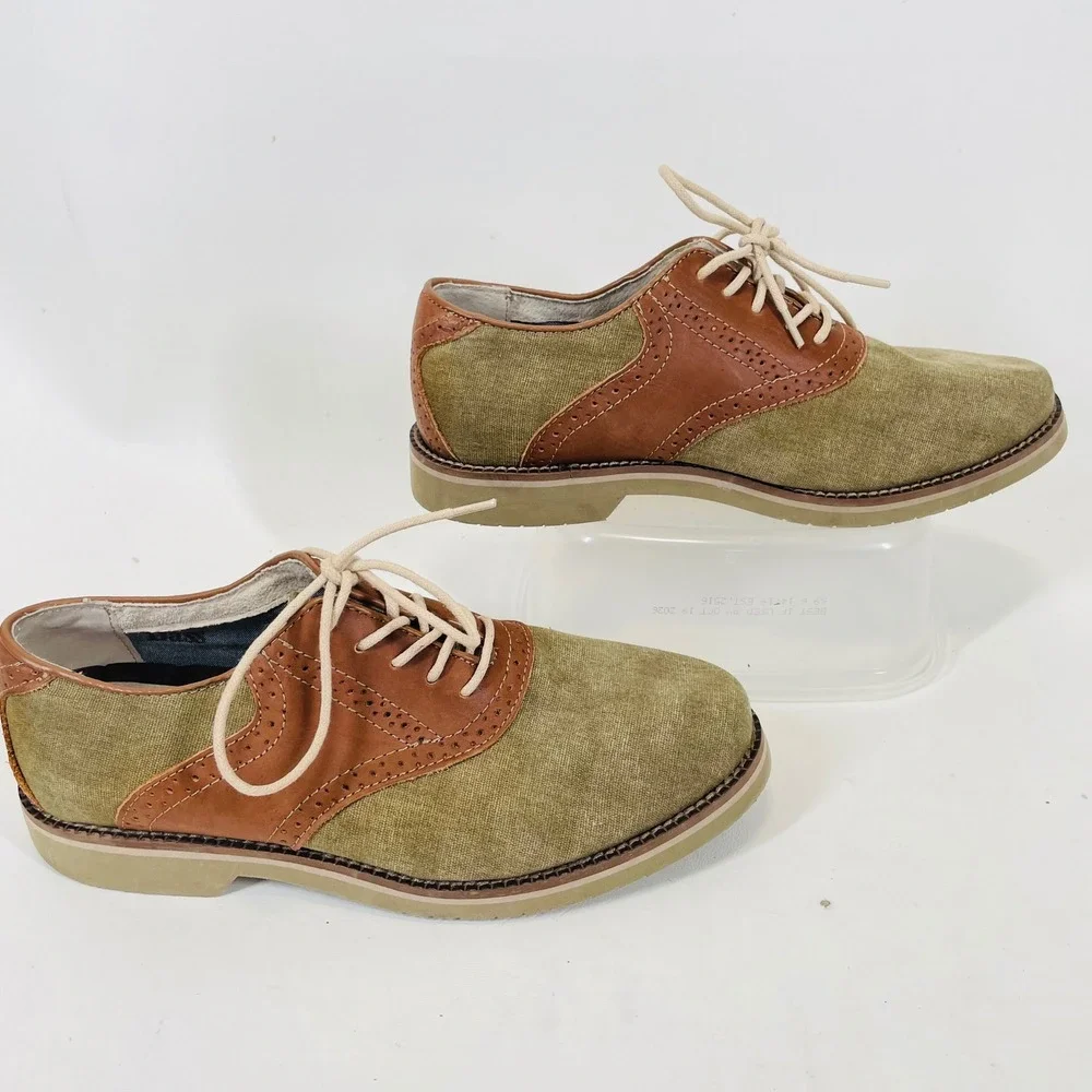 GH Bass Eli Mens 7.5 M Olive Canvas Brown Leather Saddle Oxford Shoes 0031-2554